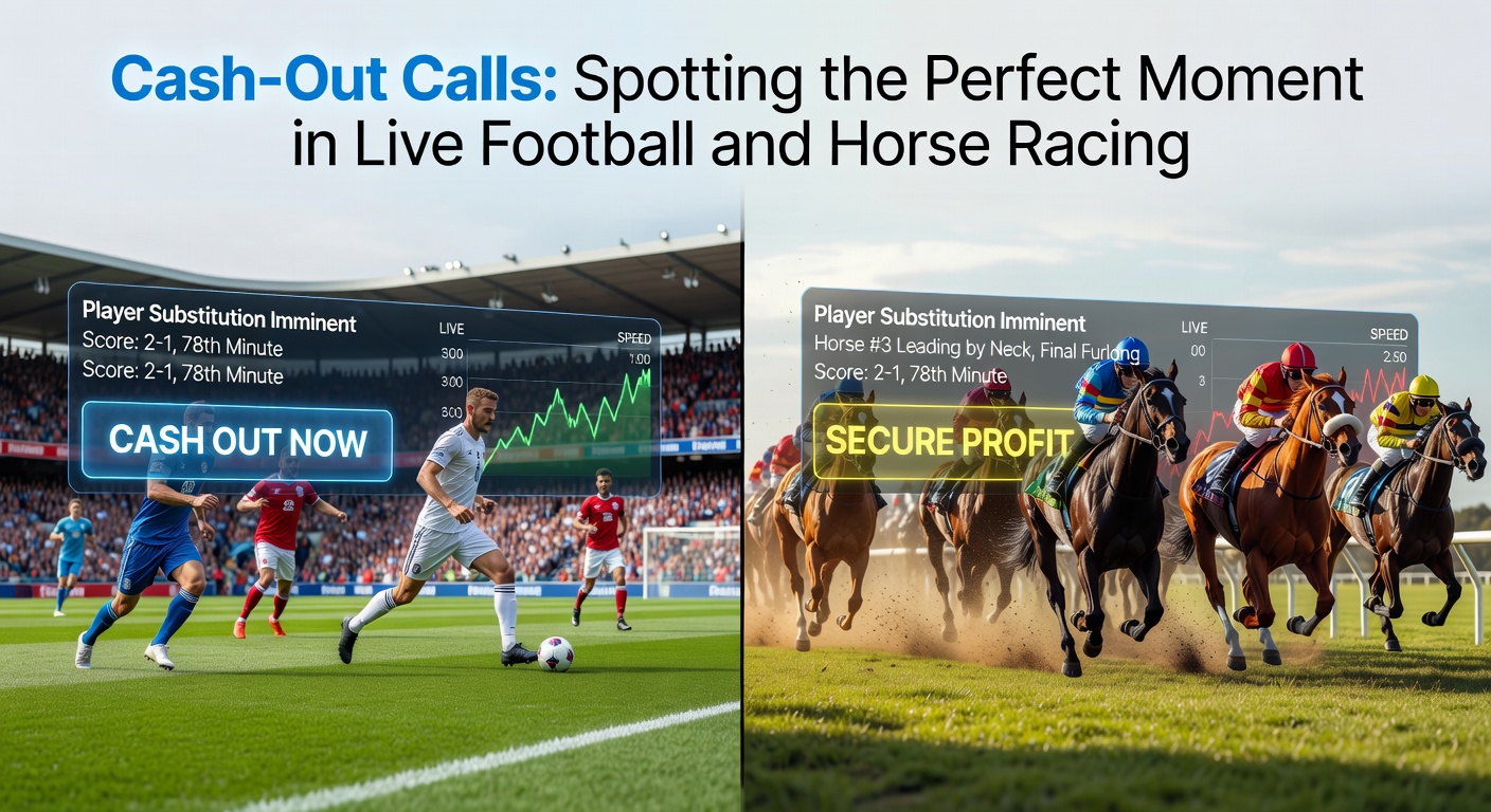Horse racing scene mid-race with a close-up of jockeys neck-and-neck, overlaid with a live betting cash-out button glowing green amid shifting odds