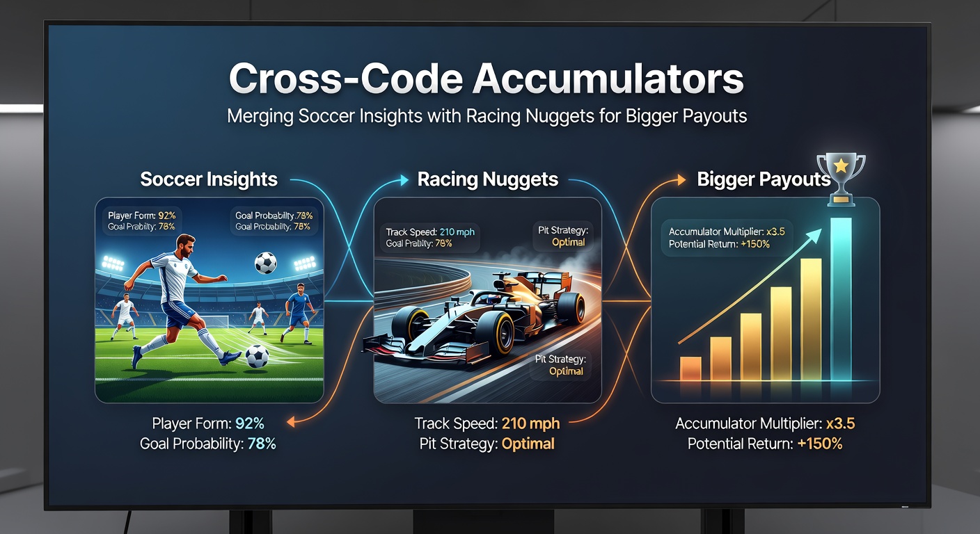 Close-up of a betting slip highlighting a cross-code accumulator with soccer match odds and horse racing selections, odds multiplying across the page