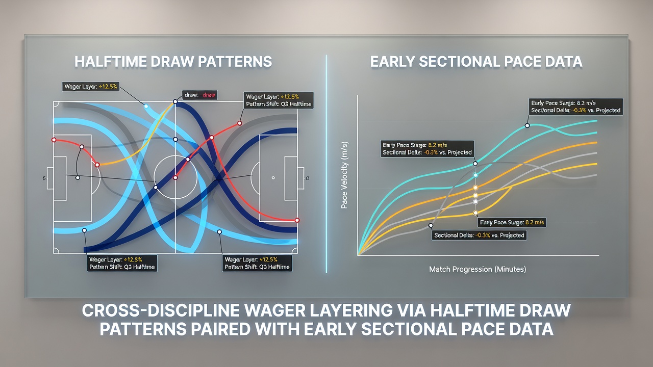 Infographic showing layered bet construction steps with soccer and racing data points