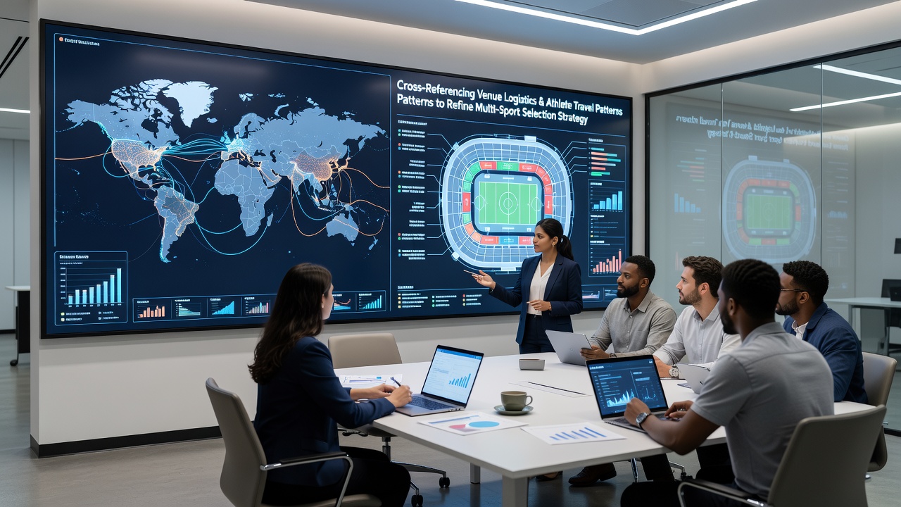 Data dashboard displaying athlete travel routes overlaid with venue logistics maps for multi-sport events