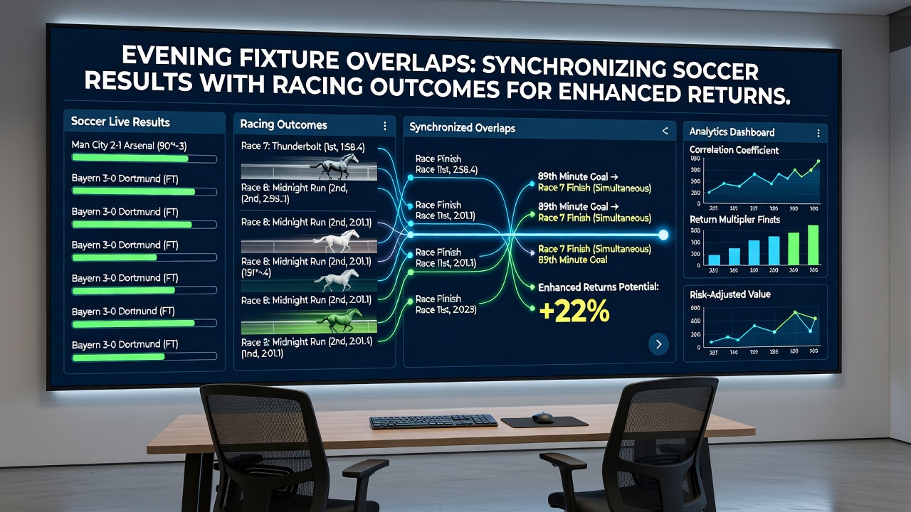 Split-screen display showing live soccer scoreboard next to horse racing results during an evening overlap period