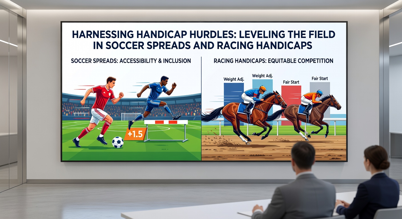 Close-up action shot of a horse carrying handicap weight surging past rivals on a muddy track, paralleled by a soccer forward celebrating a goal that covers the spread line