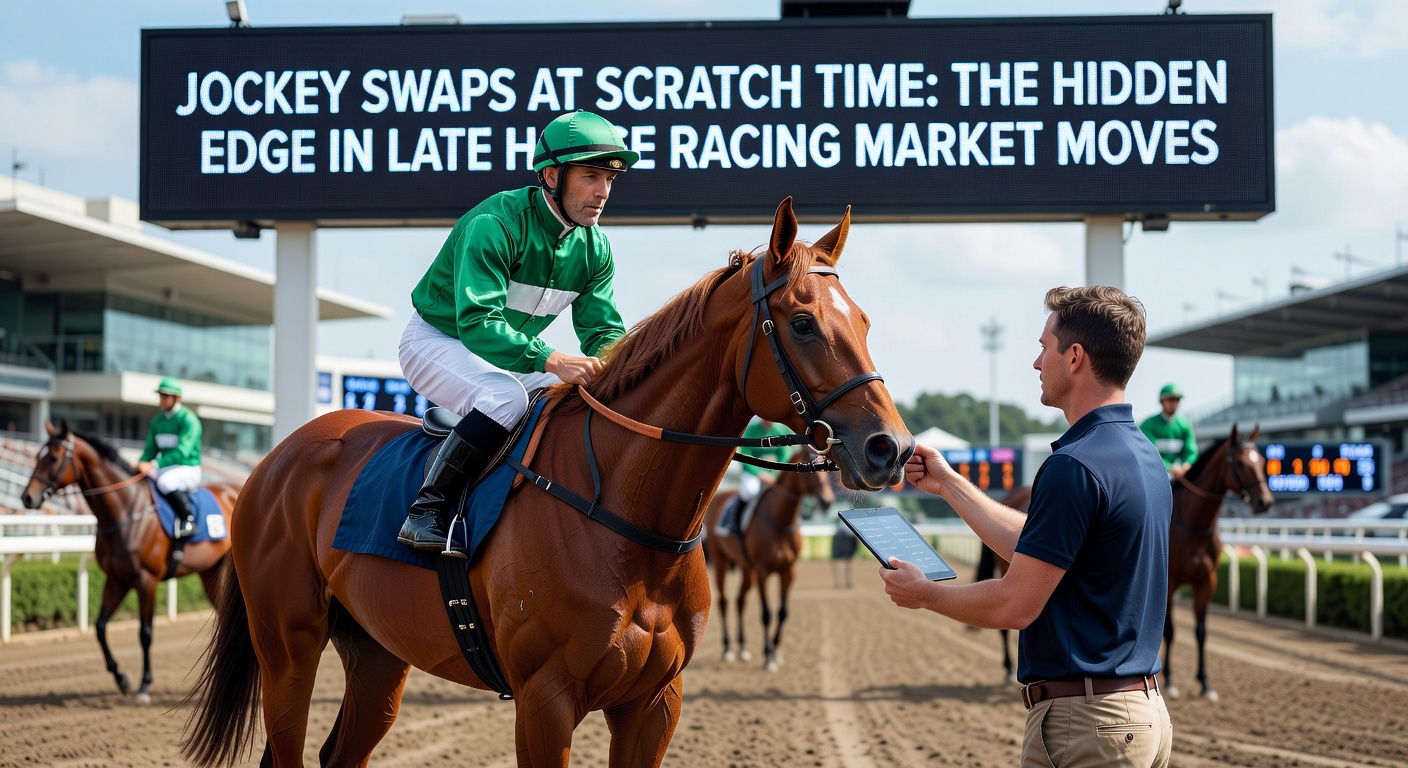 Screenshot of a racecard update showing a jockey swap announcement moments before scratch time, with odds tumbling on the affected horse
