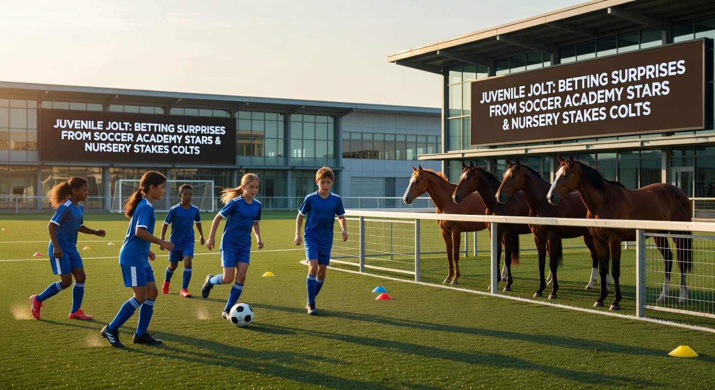 Close-up of a soccer academy coach instructing a young star on the pitch next to a jockey urging a Nursery Stakes colt past the post, symbolizing cross-code juvenile betting excitement