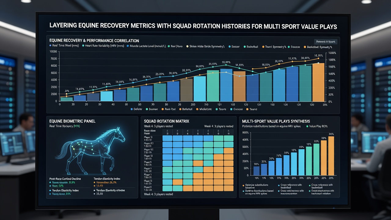 Infographic illustrating layered data points from horse racing recovery logs and football squad rotation charts used for accumulator construction
