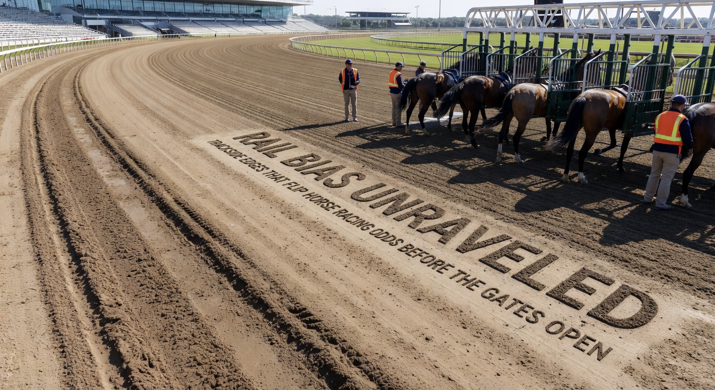Close-up of jockey guiding a horse tight along the rail during a turf race, kicking up minimal turf while outsiders labor wide