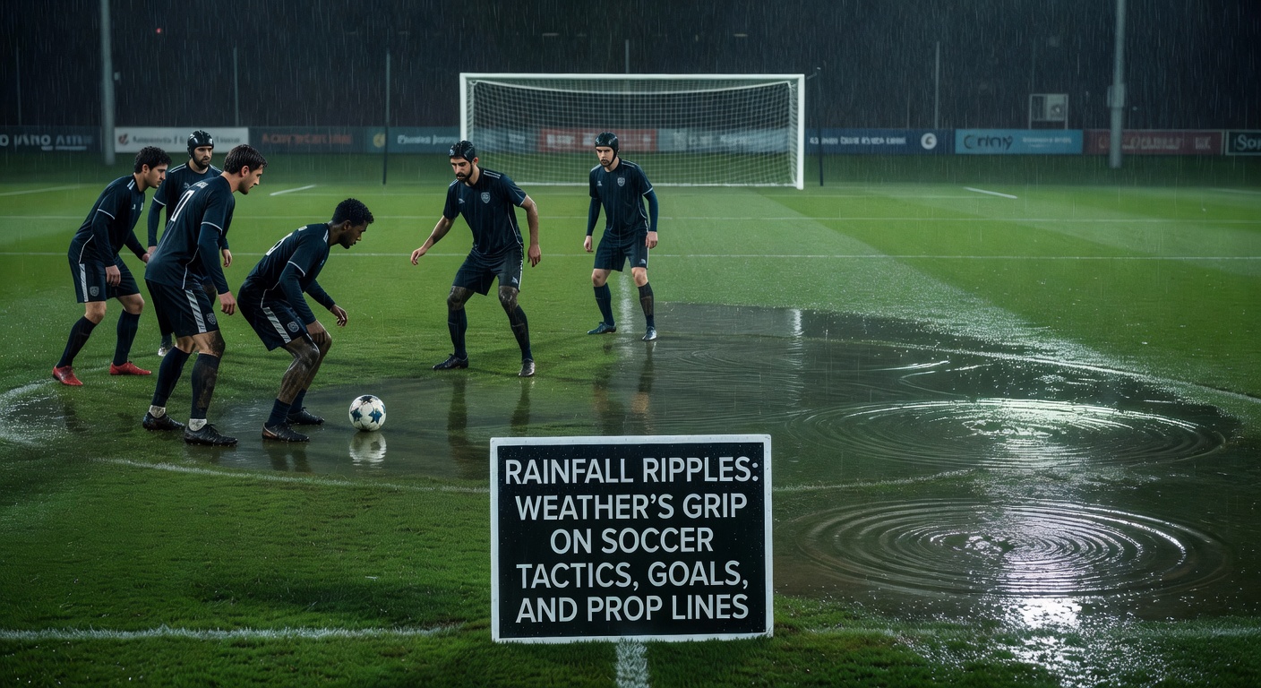 Close-up of a soccer player sliding through a puddle, rain pouring down during a match