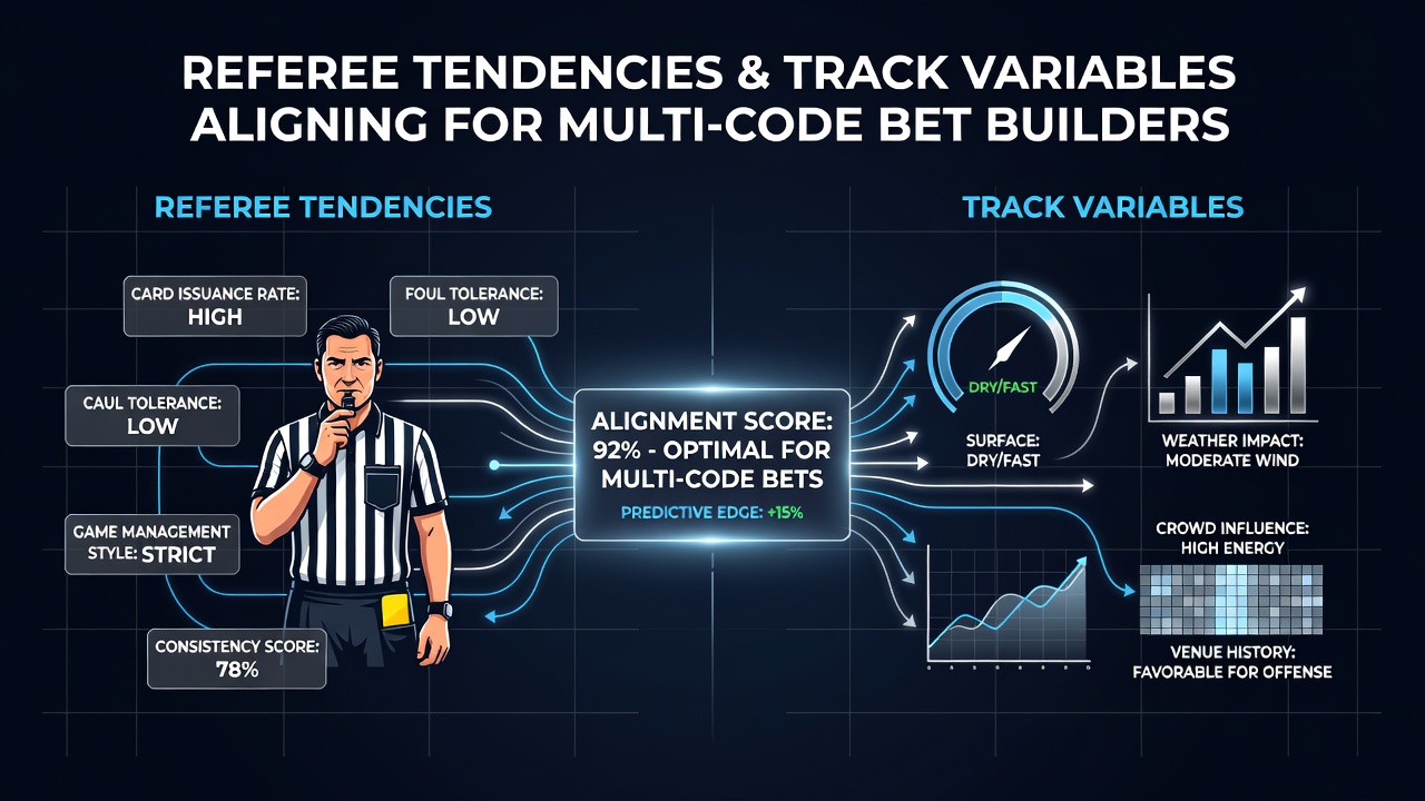 Data charts showing alignment between soccer referee statistics and horse racing track variables for accumulator construction