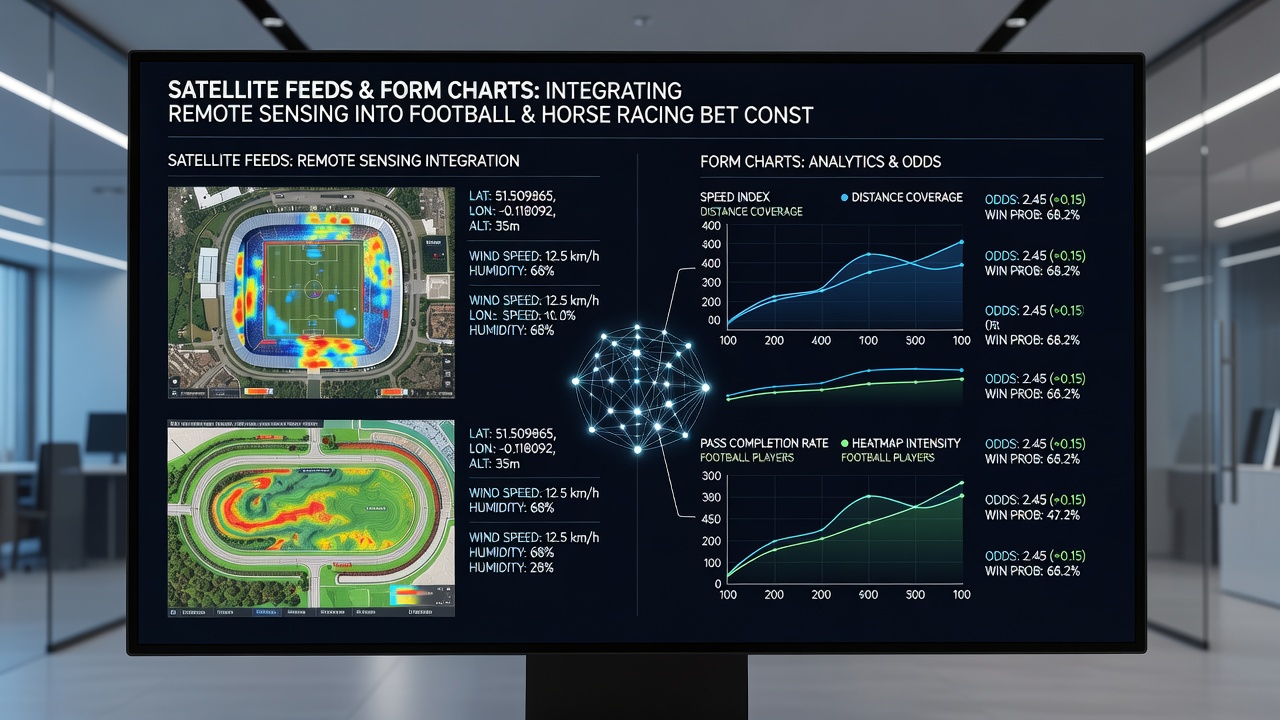 Horse racing track captured via satellite with highlighted moisture and turf density zones for form chart integration