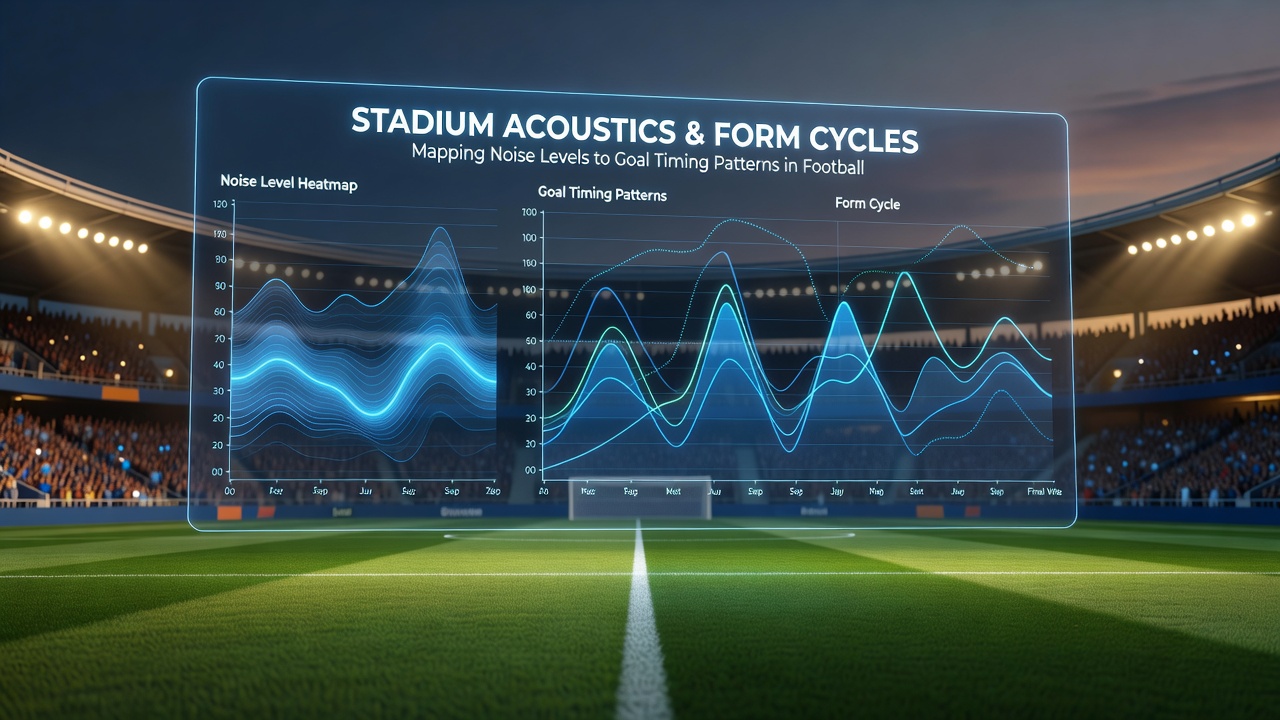 Horse racing track with overlay graphics showing speed data and crowd noise measurements near the finish line