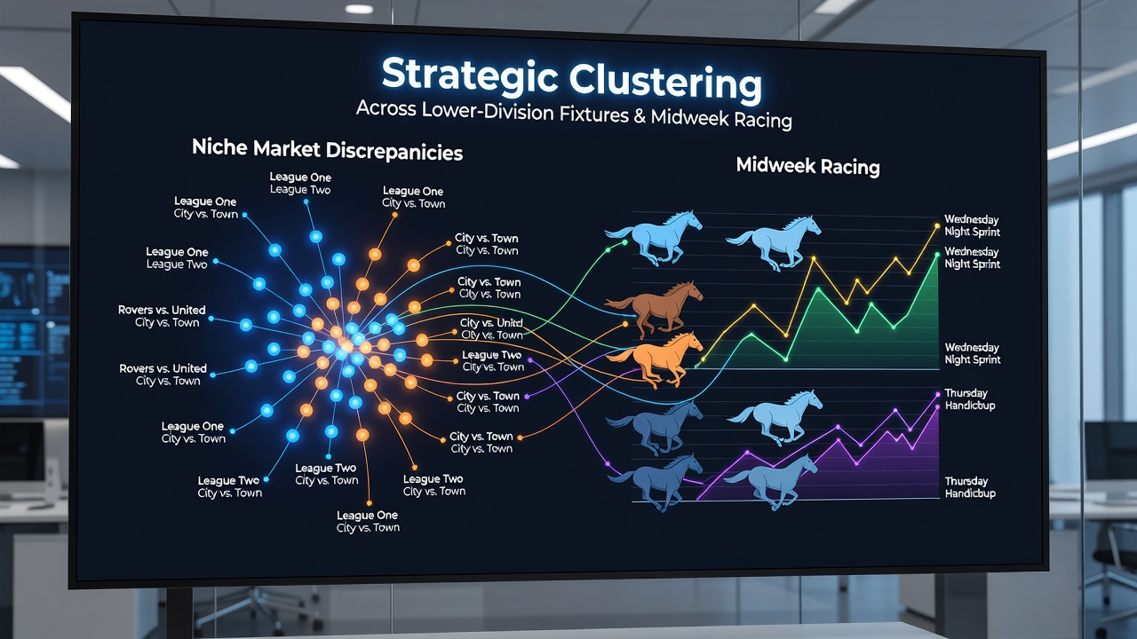 Midweek racing card analysis with overlaid soccer fixture data illustrating cross-code clustering of market discrepancies