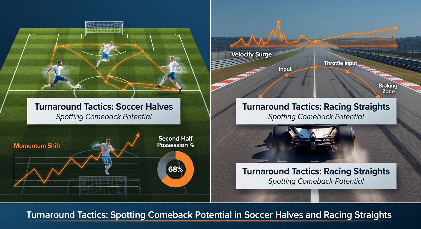 Split-image graphic: Soccer team huddling for a second-half push alongside a horse powering down the home straight, overtaking leaders