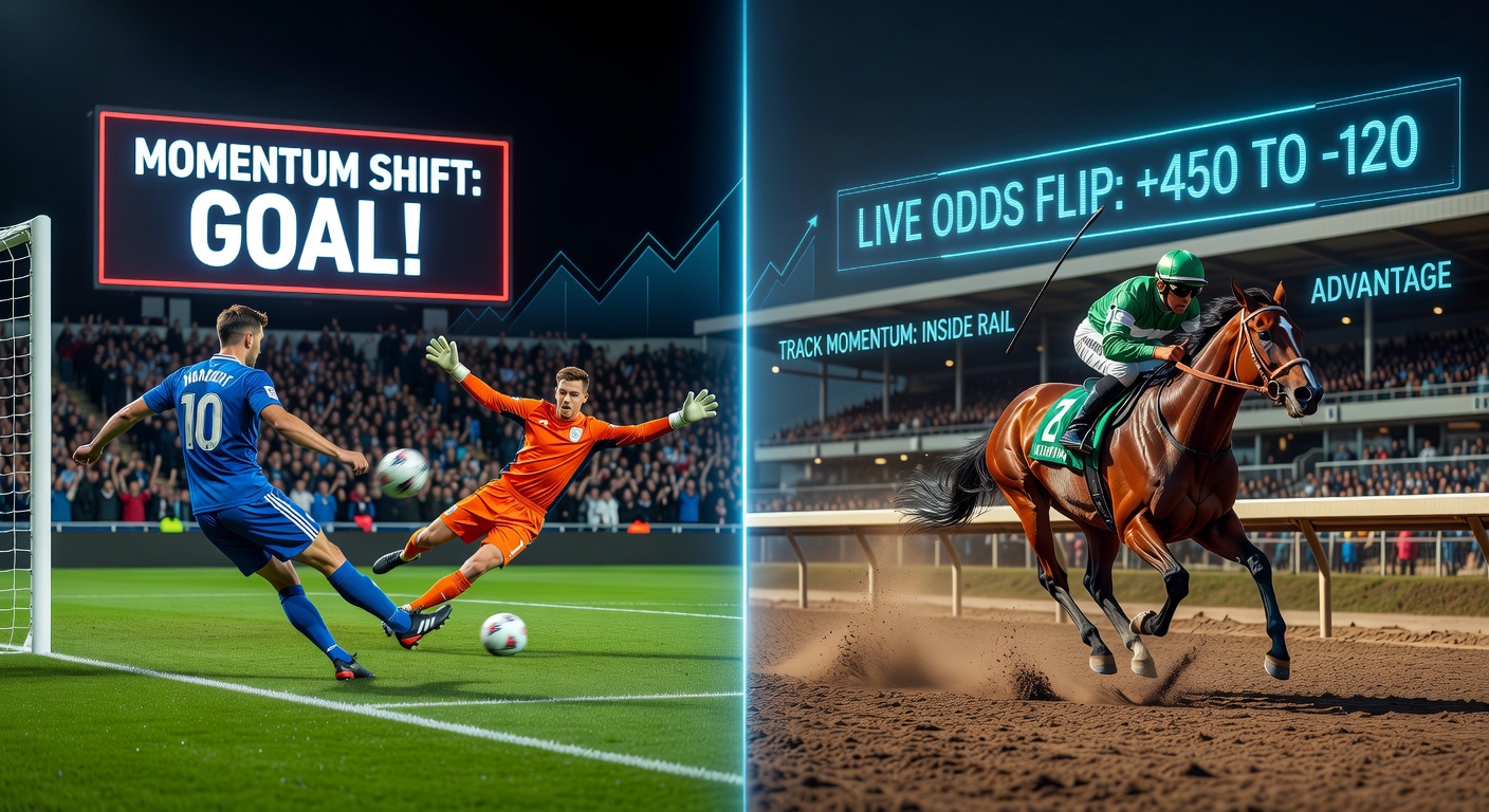 Horse racing action shot of a mid-race surge where a trailing horse overtakes leaders in a dramatic momentum shift